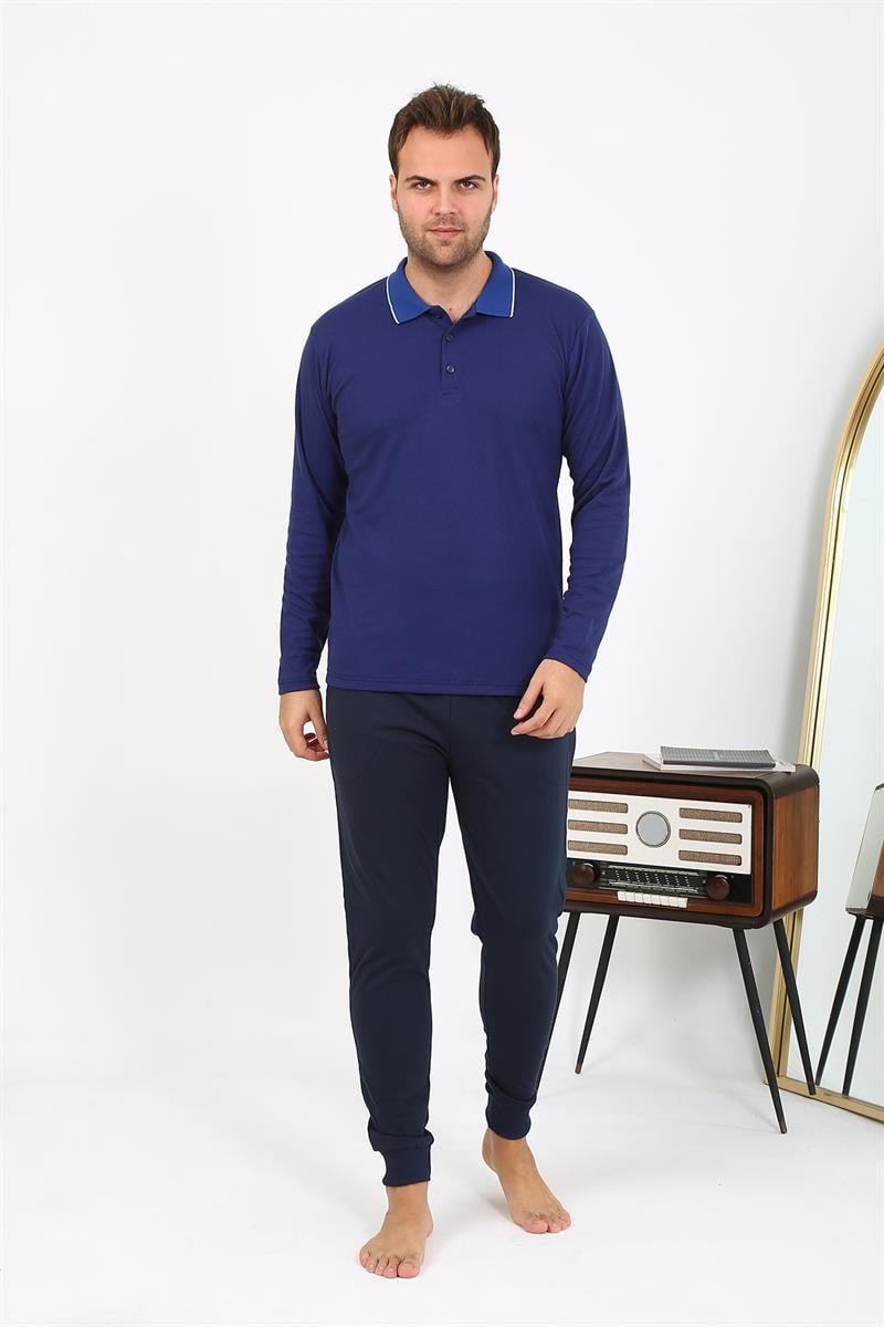 Akbeniz Erkek Polo Yaka Uzun Kol Penye Pijama Takımı Lacivert 6865