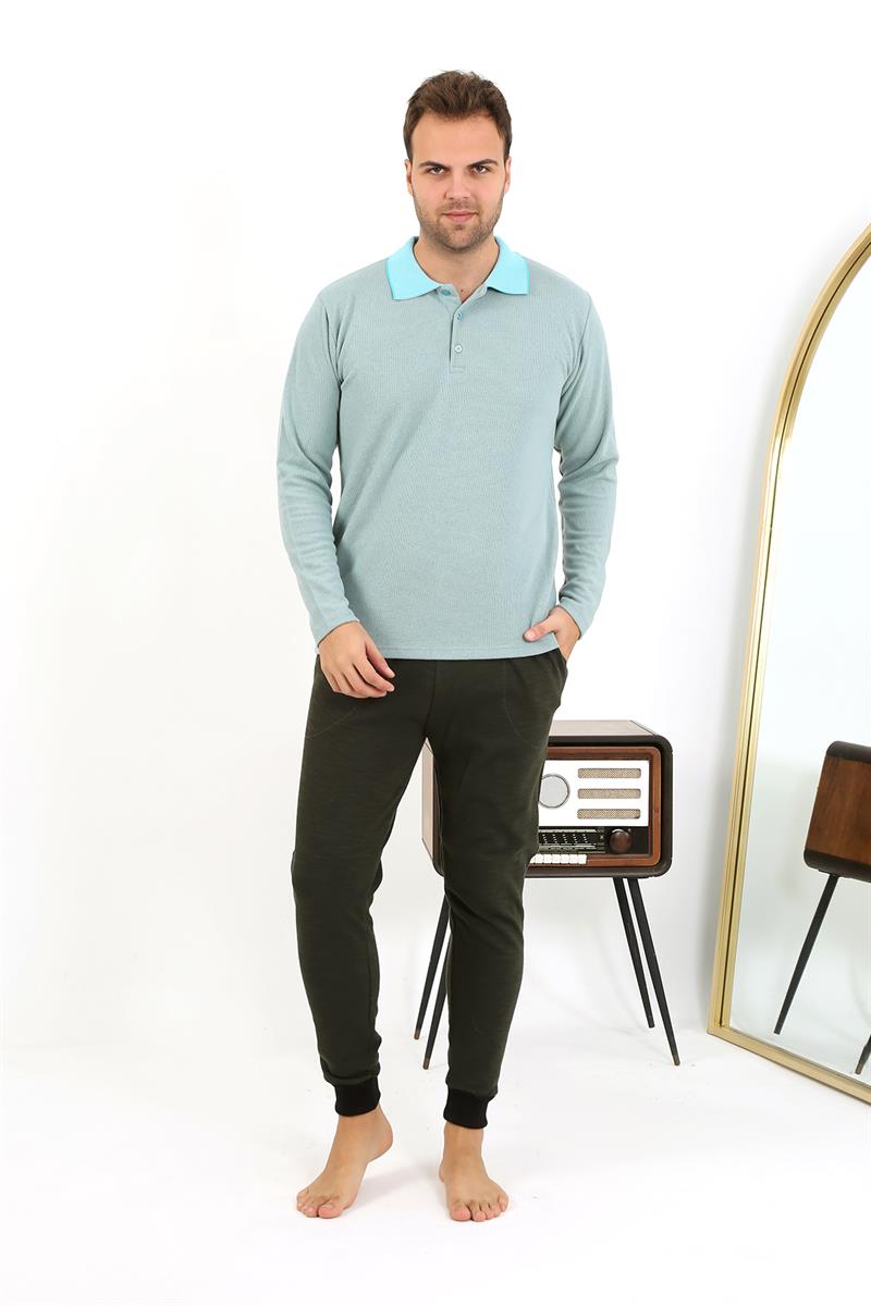 Akbeniz Erkek Polo Yaka Uzun Kol Penye Pijama Takımı 6862 Su Yeşili