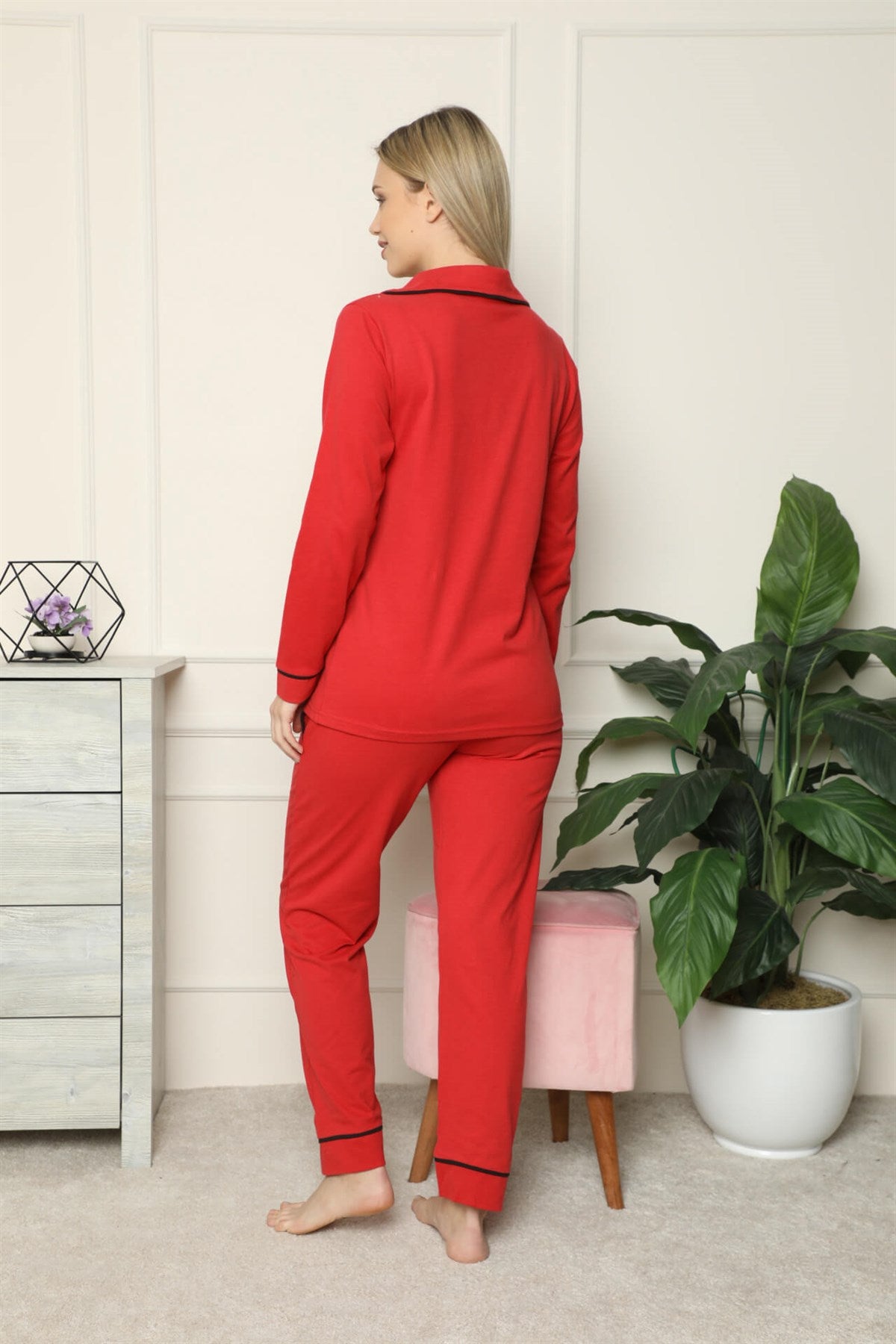 Akbeniz Kadın %100 Pamuk Penye Önden Düğmeli Uzun Kol Pijama Takım 2714