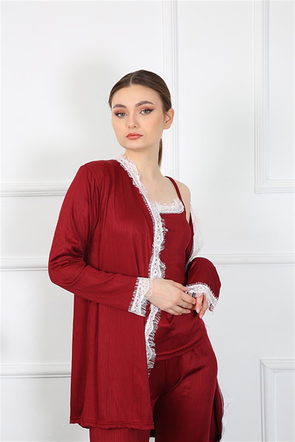 Akbeniz Kadın 3'lü Bordo Sabahlık Takım 16108