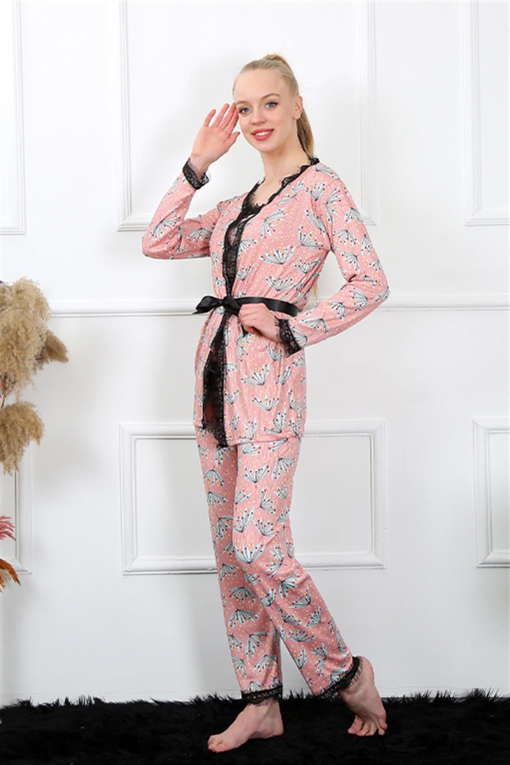 Akbeniz Kadın 3'lü Somon Sabahlık Pijama Takım 16103