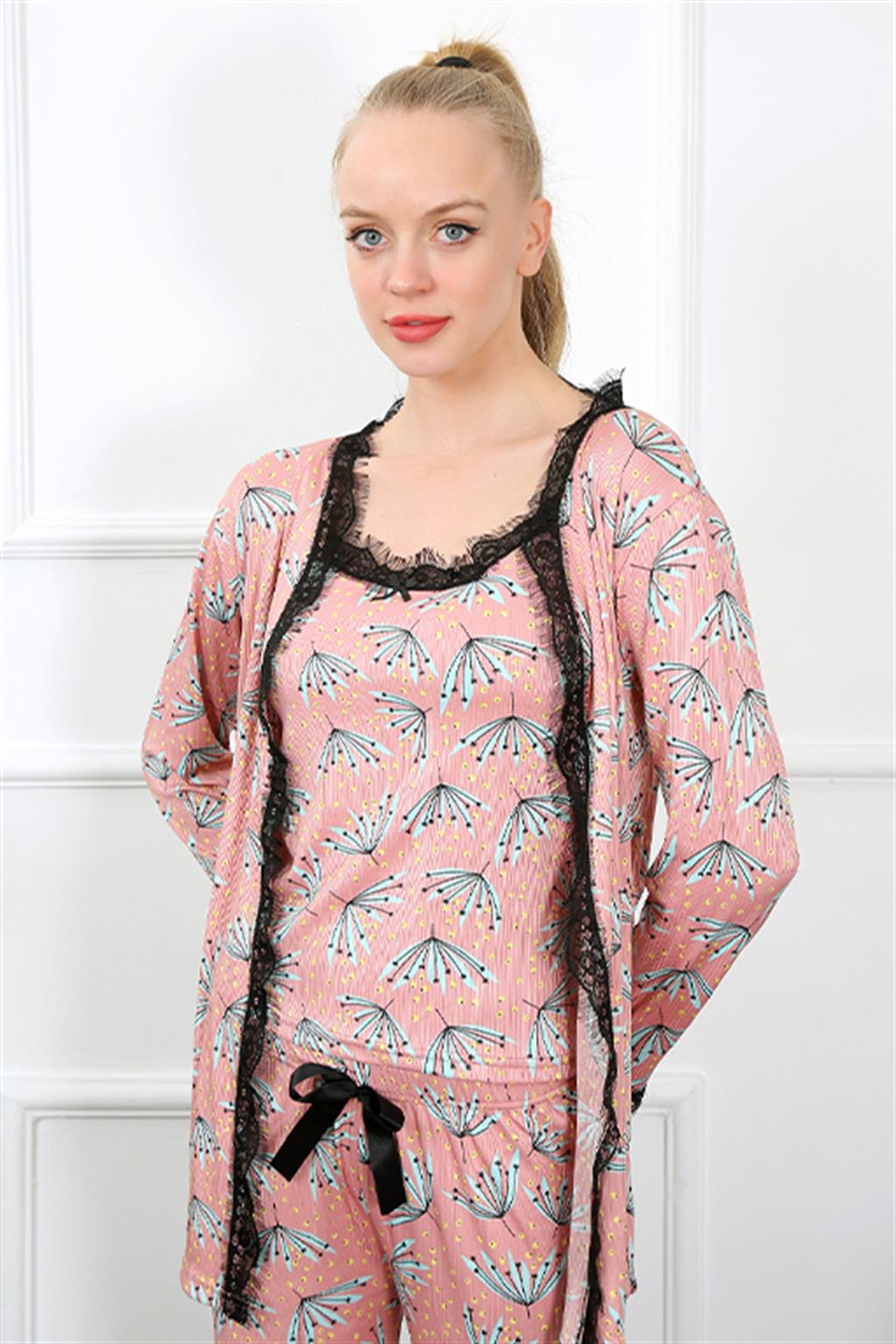 Akbeniz Kadın 3'lü Somon Sabahlık Pijama Takım 16103
