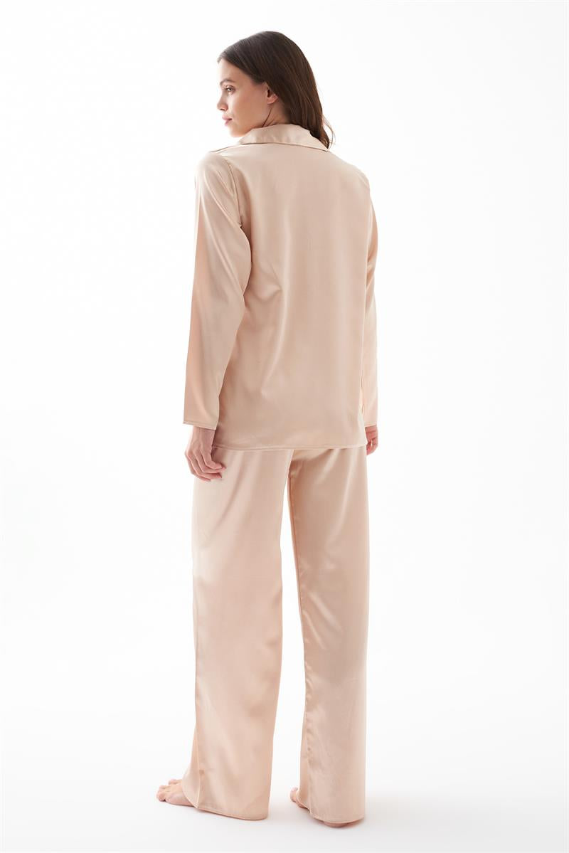 Akbeniz Kadın Bej Oversize Saten Pijama Takımı