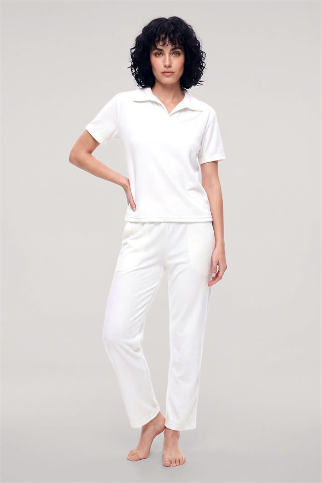 Akbeniz Kadın Beyaz Polo Yaka Pijama Takımı