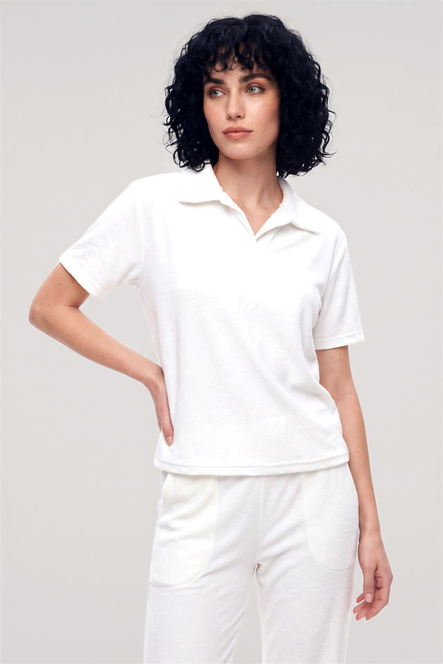 Akbeniz Kadın Beyaz Polo Yaka Pijama Takımı