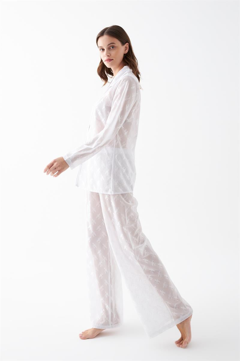 Akbeniz Kadın Beyaz Şeffaf Jakar Düğmeli Pijama Takımı