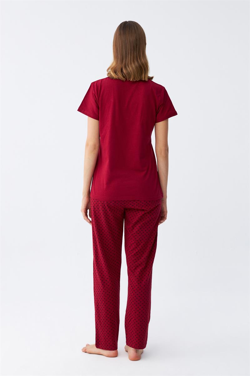 Akbeniz Kadın Bordo Kalp Desenli Kısa Kollu Penye Pijama Takımı