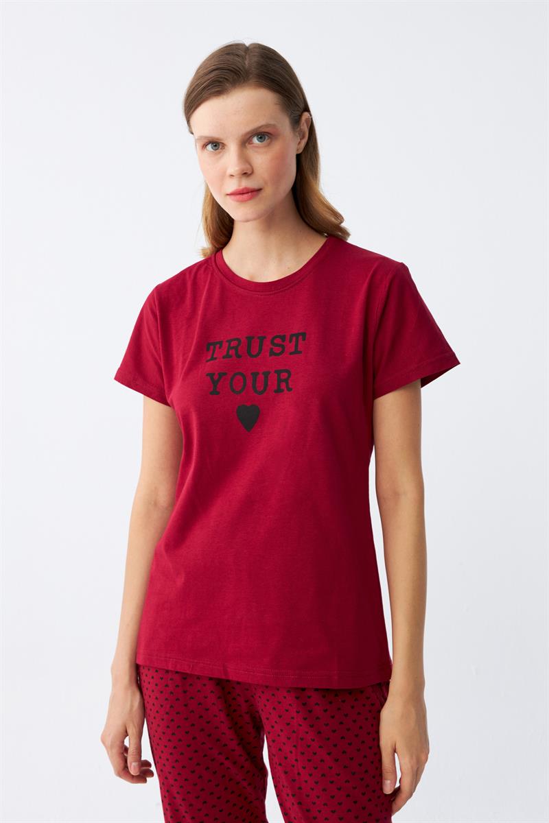 Akbeniz Kadın Bordo Kalp Desenli Kısa Kollu Penye Pijama Takımı