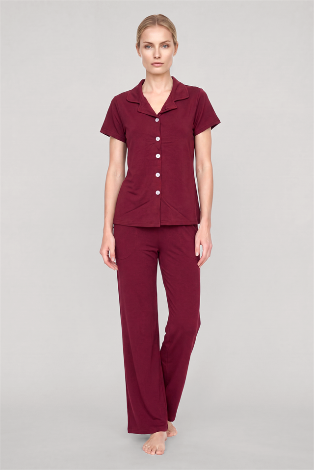Akbeniz Kadın Bordo Klasik Gömlek Yaka Pijama Takımı