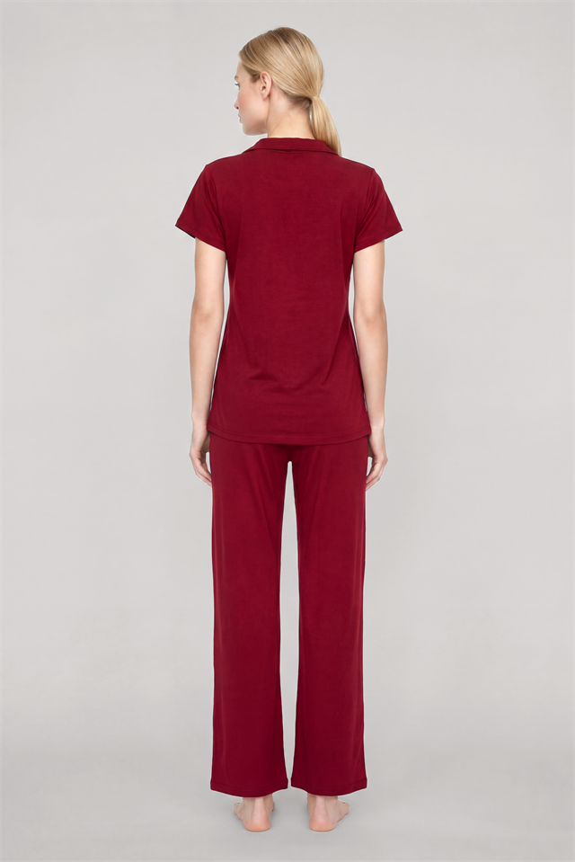 Akbeniz Kadın Bordo Klasik Gömlek Yaka Pijama Takımı