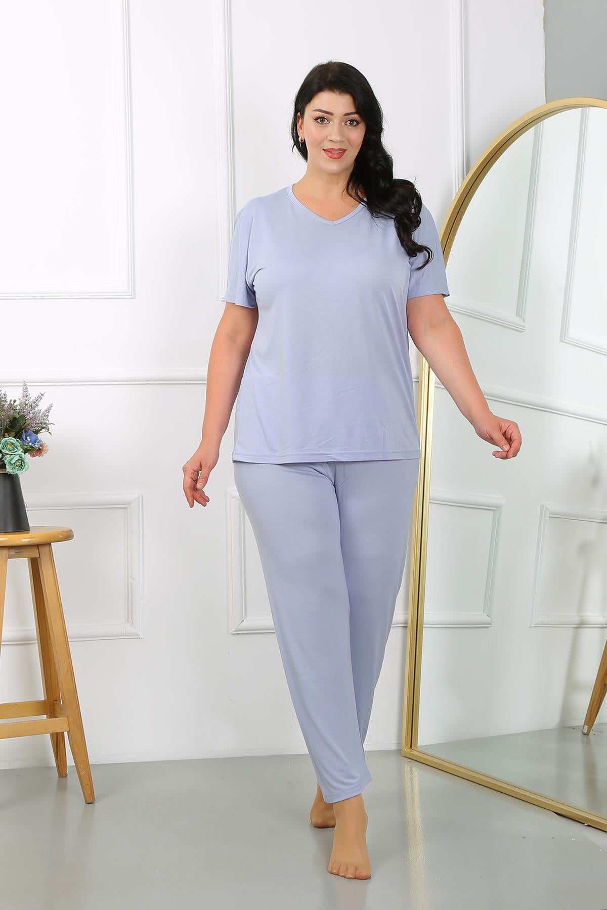Akbeniz Kadın Büyük Beden  Kısa Kol Penye Pijama Takımı Lila 202405