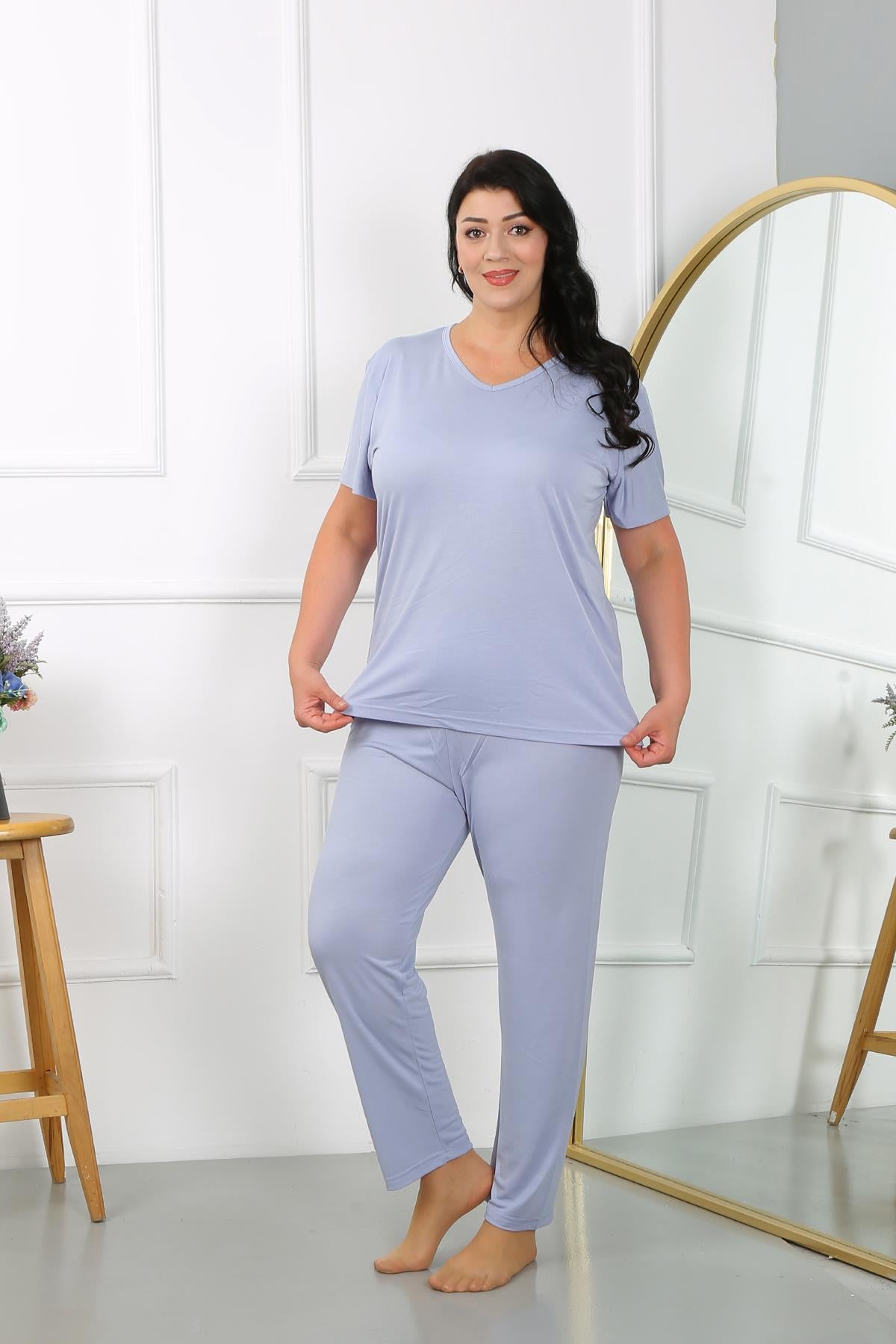 Akbeniz Kadın Büyük Beden  Kısa Kol Penye Pijama Takımı Lila 202405