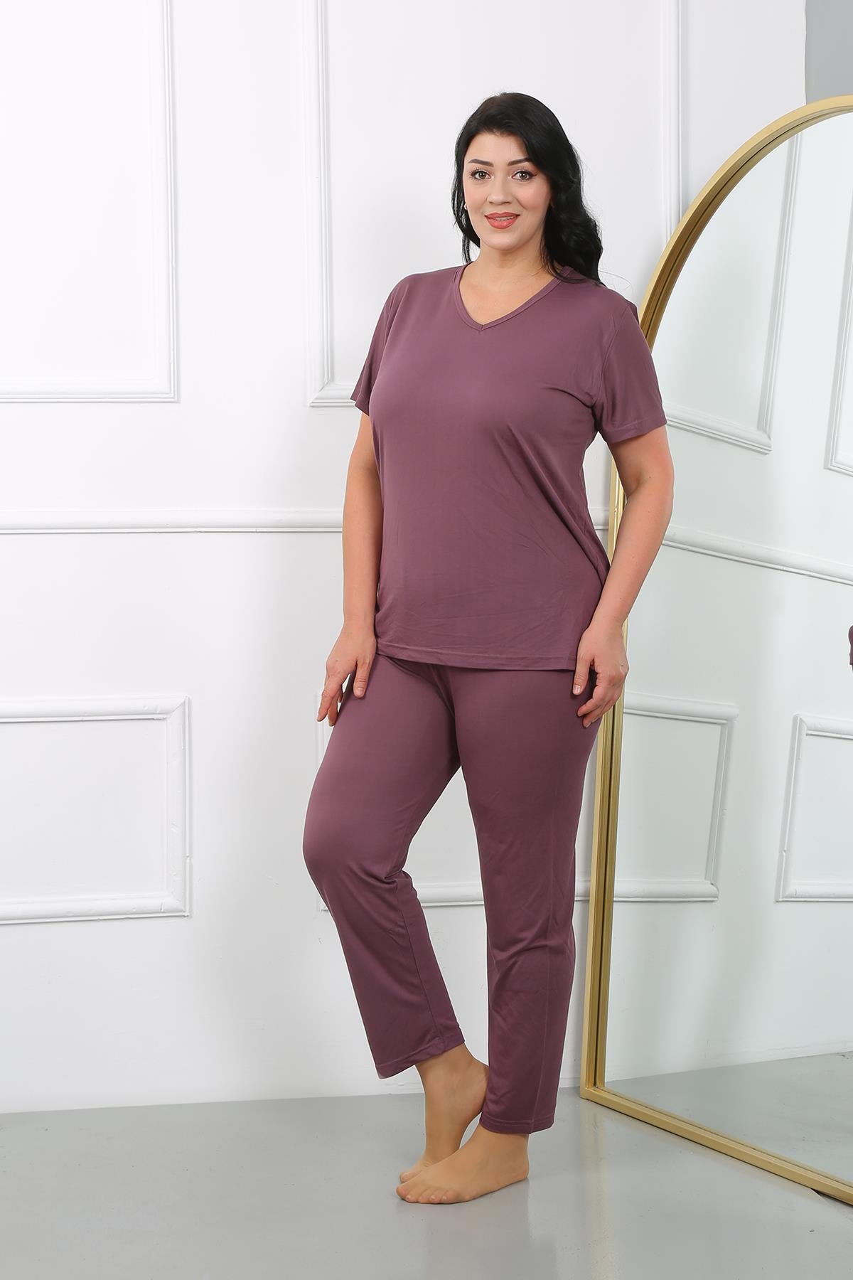 Akbeniz Kadın Büyük Beden  Kısa Kol Penye Pijama Takımı Mürdüm 202405