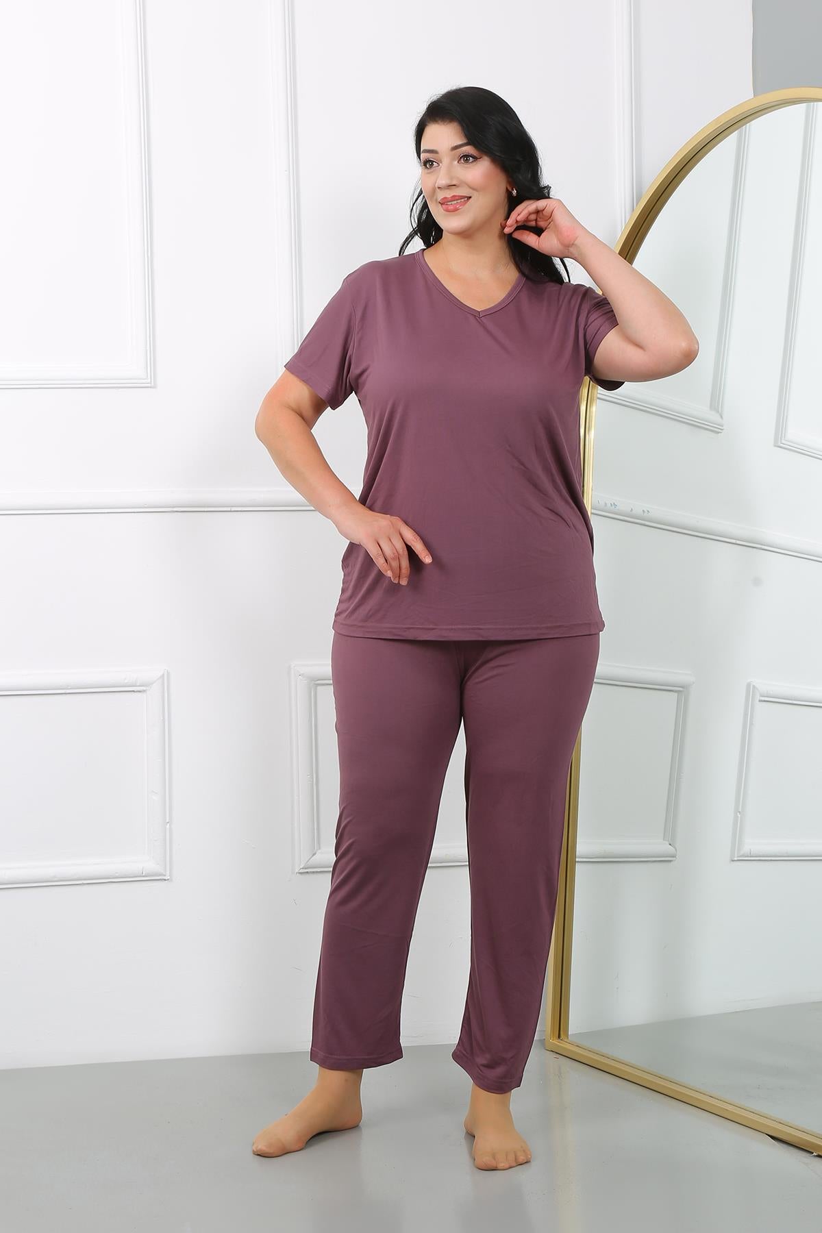 Akbeniz Kadın Büyük Beden  Kısa Kol Penye Pijama Takımı Mürdüm 202405