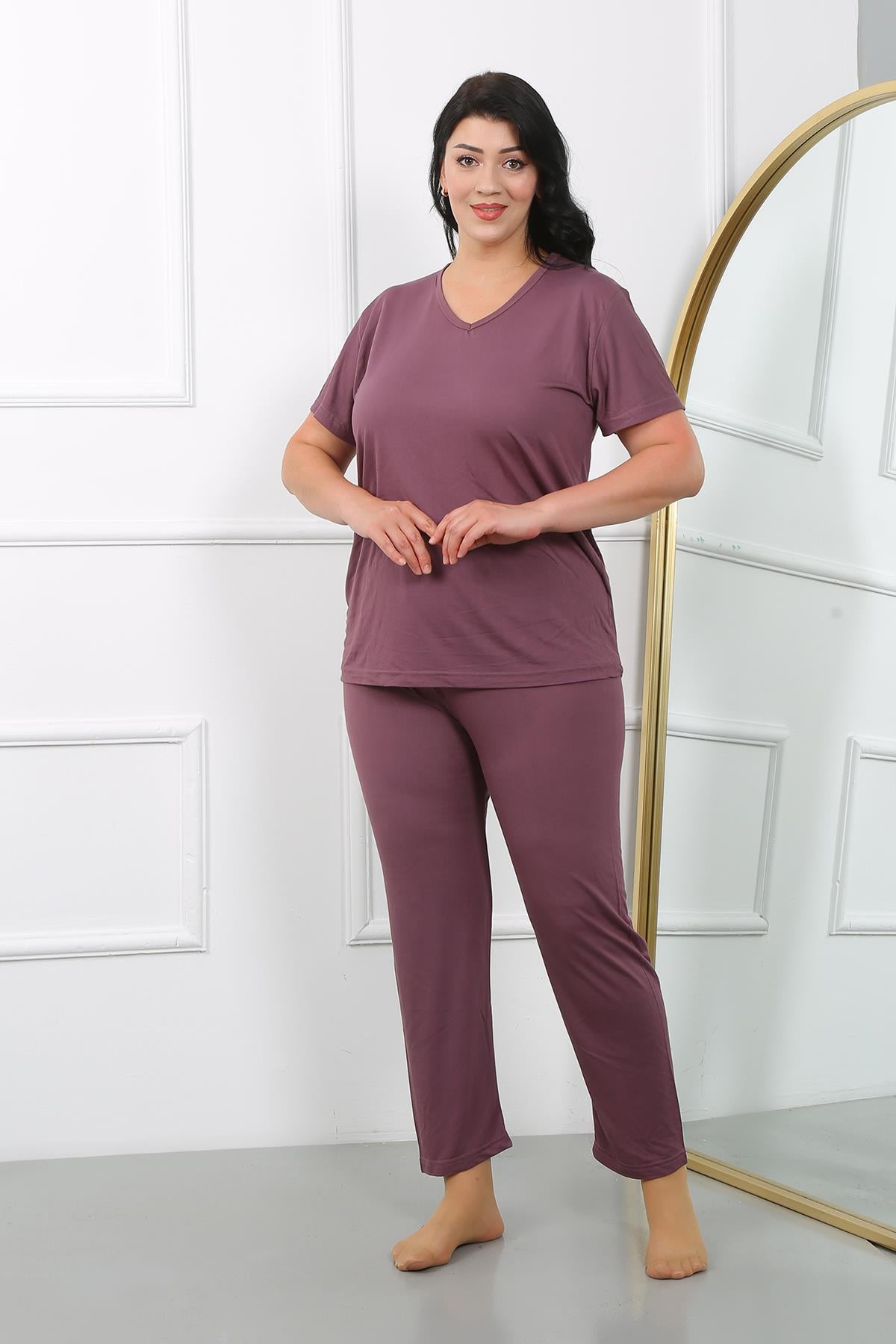 Akbeniz Kadın Büyük Beden  Kısa Kol Penye Pijama Takımı Mürdüm 202405