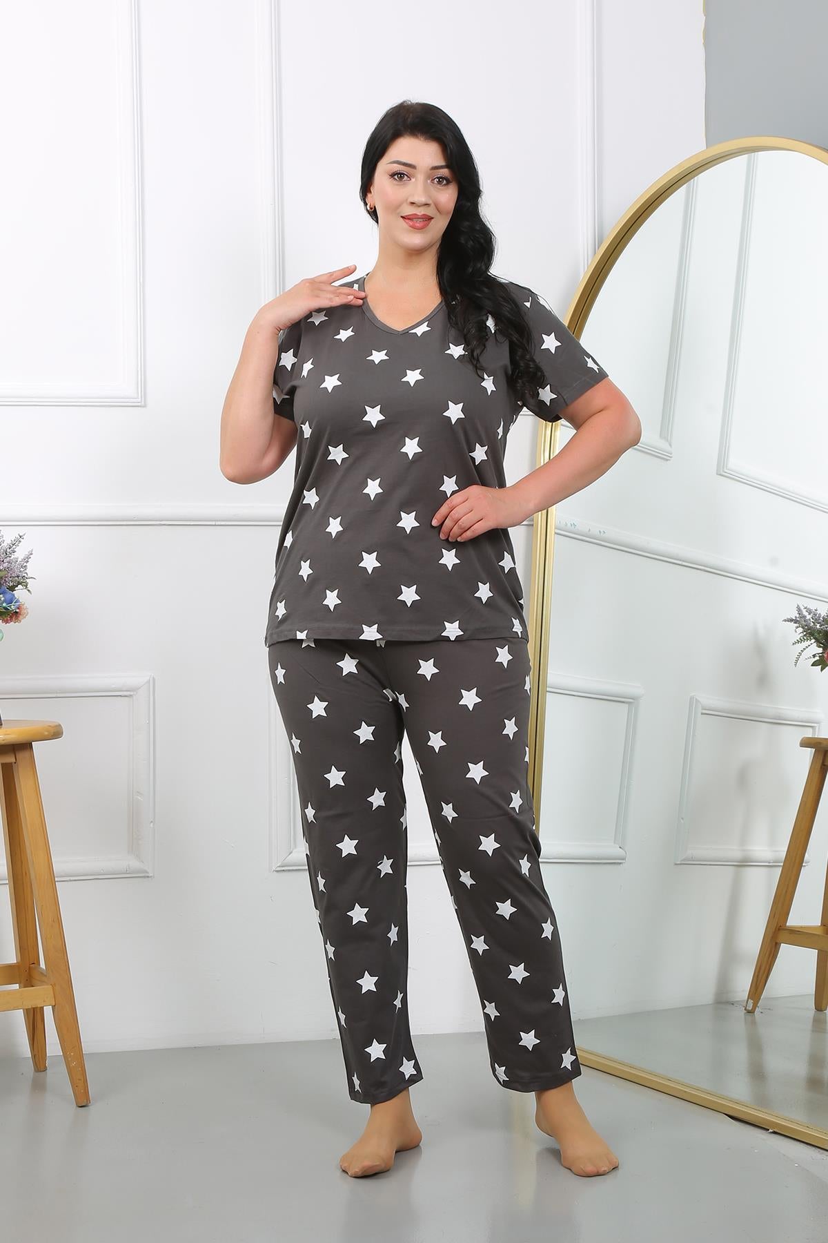 Akbeniz Kadın Büyük Beden  Kısa Kol Penye Pijama Takımı Füme 202407