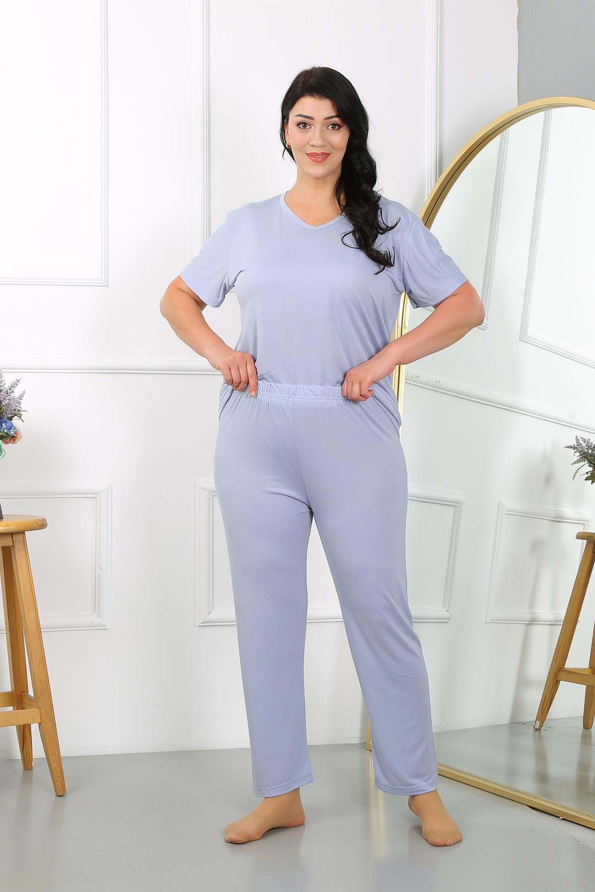 Akbeniz Kadın Büyük Beden  Kısa Kol Penye Pijama Takımı Lila 202405