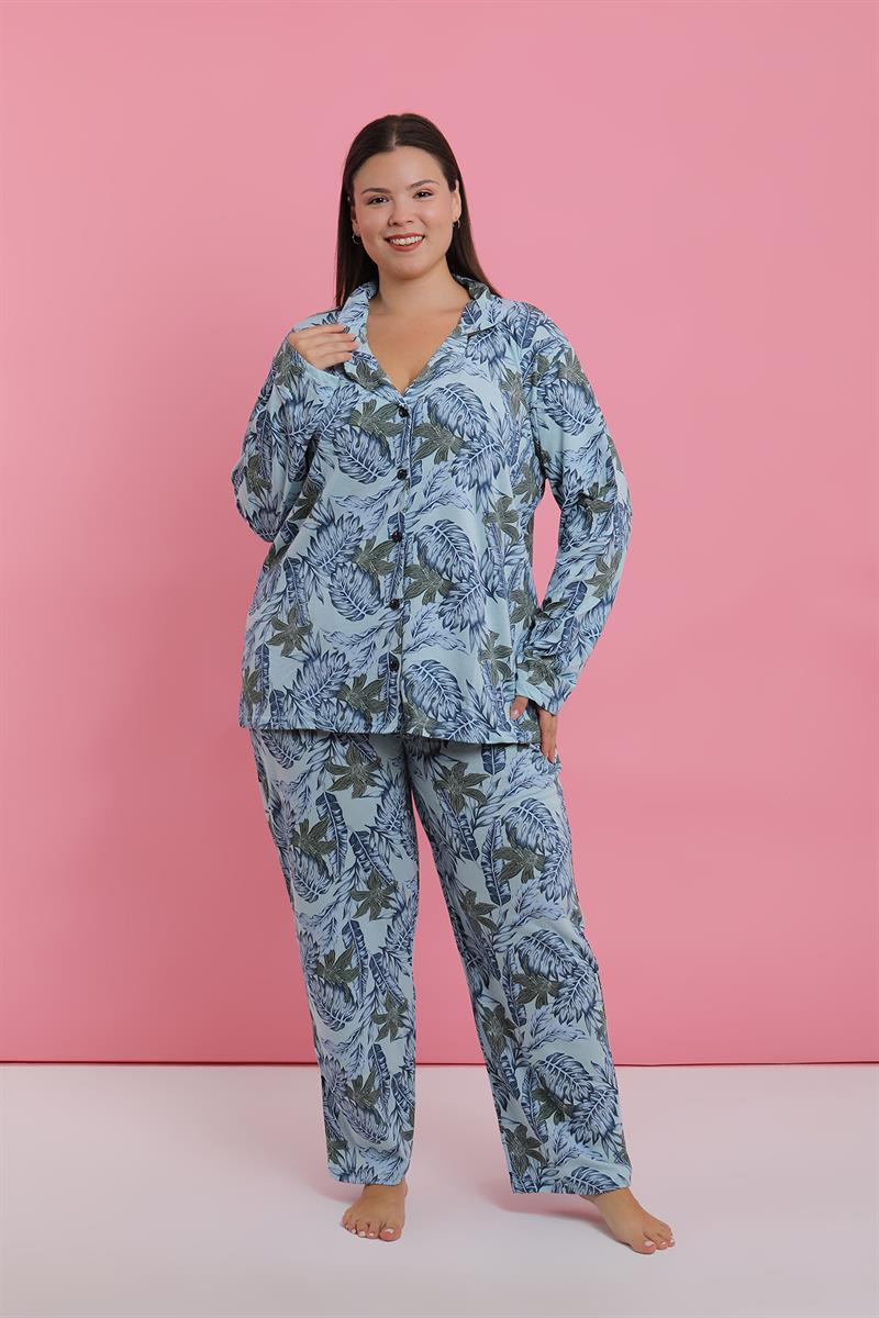 Akbeniz Kadın Büyük Beden Mavi Tropikal Desenli Düğmeli Pijama Takımı