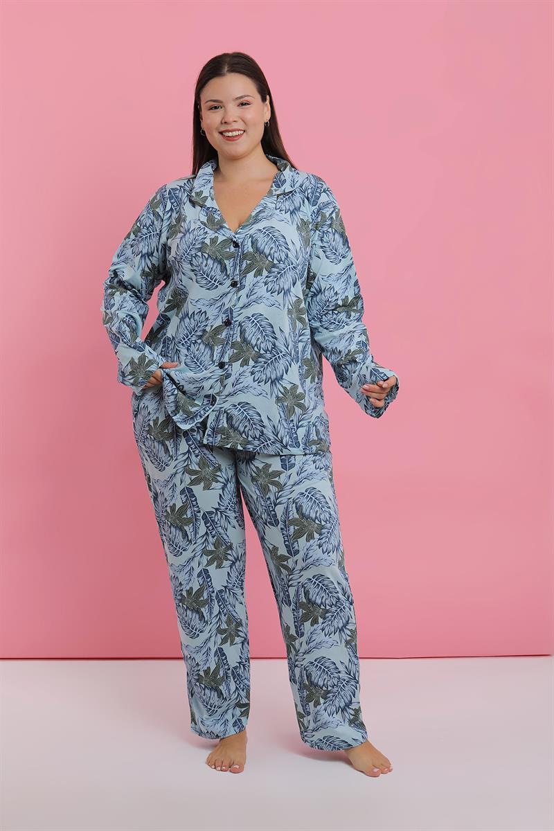 Akbeniz Kadın Büyük Beden Mavi Tropikal Desenli Düğmeli Pijama Takımı