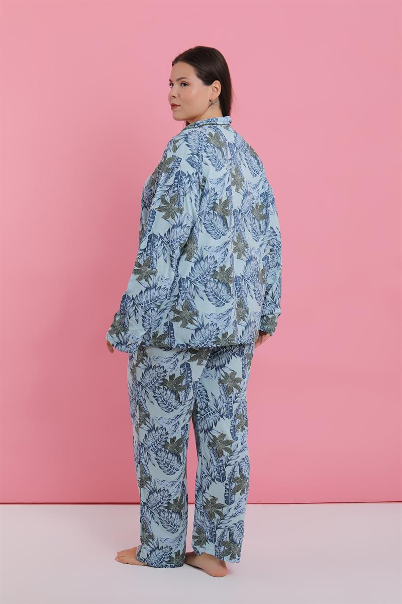 Akbeniz Kadın Büyük Beden Mavi Tropikal Desenli Düğmeli Pijama Takımı