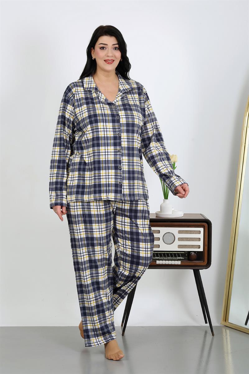 Akbeniz Kadın Büyük Beden Pamuklu Cepli Düğmeli Lacivert Pijama Takım 202504