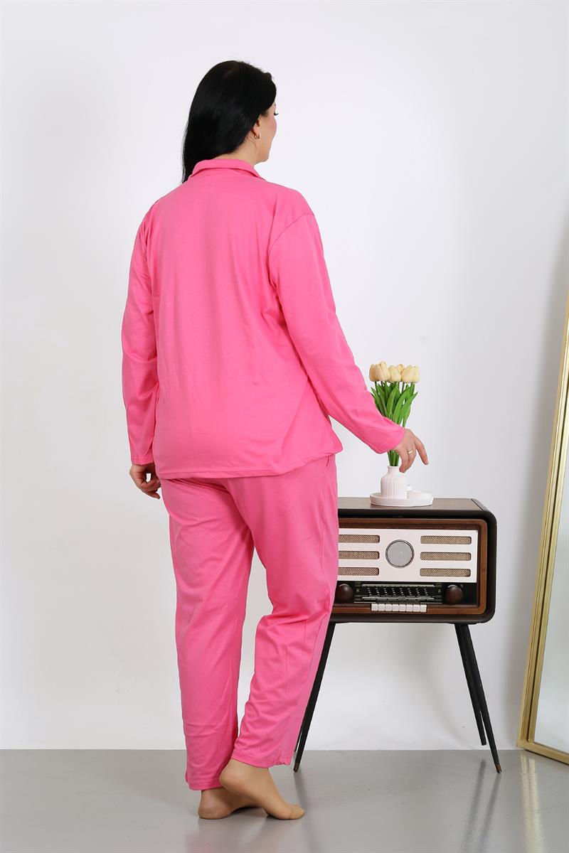 Akbeniz Kadın Büyük Beden Pamuklu Cepli Düğmeli Pembe Pijama Takım 202504
