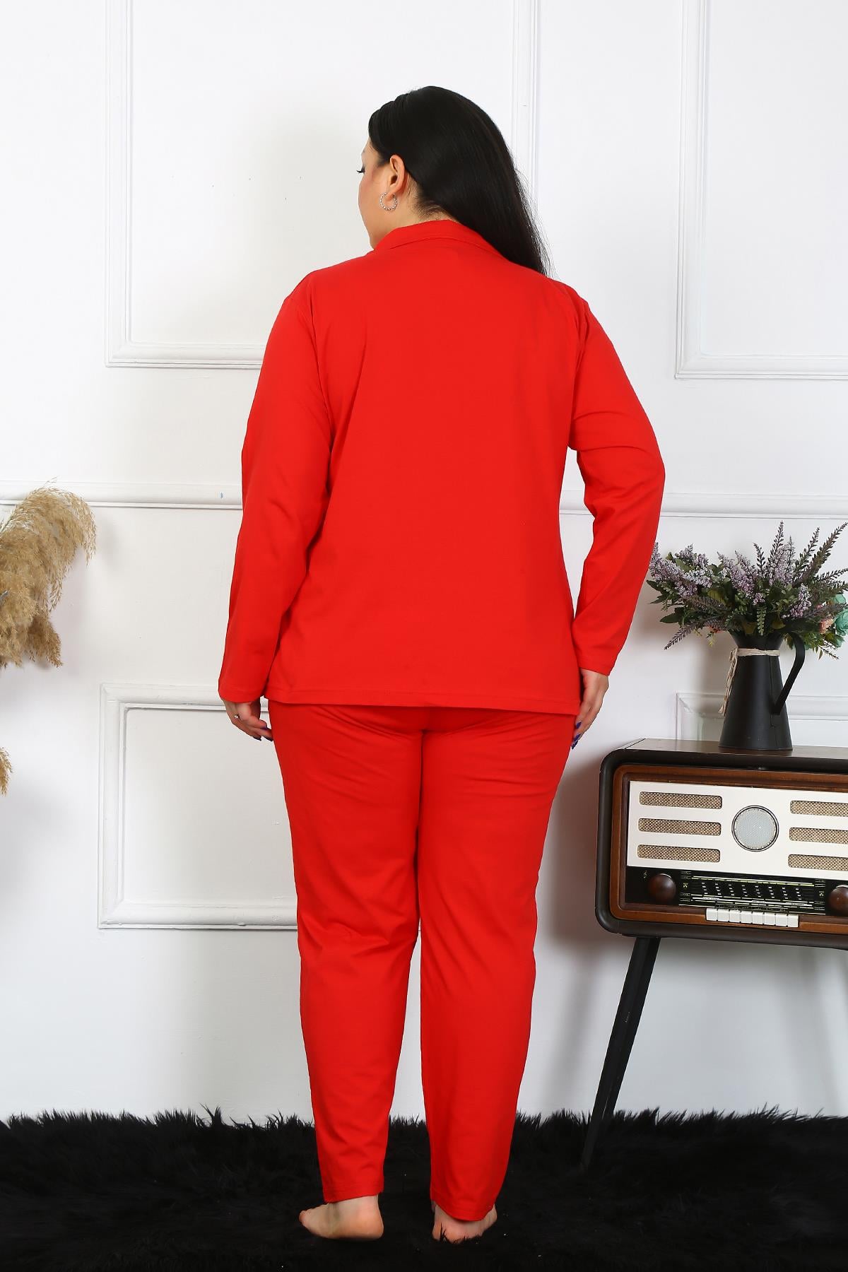 Akbeniz Kadın Büyük Beden Pamuklu Cepli Düğmeli Kırmızı Pijama Takım 202401