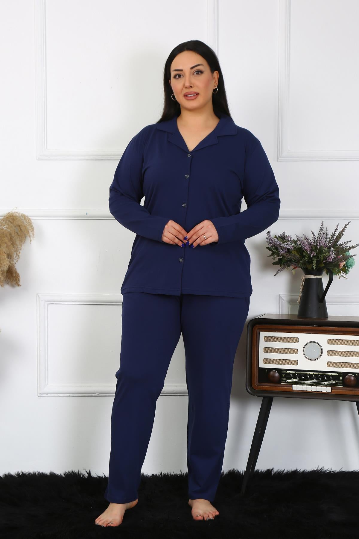 Akbeniz Kadın Büyük Beden Pamuklu Cepli Düğmeli Lacivert Pijama Takım 202401