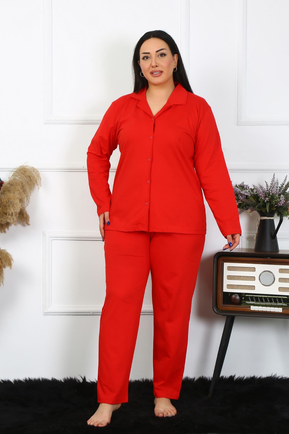 Akbeniz Kadın Büyük Beden Pamuklu Cepli Düğmeli Kırmızı Pijama Takım 202401