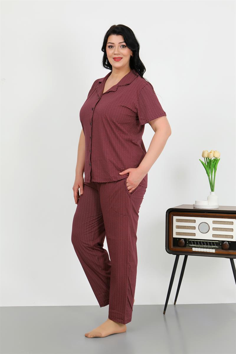Akbeniz Kadın Büyük Beden Pamuklu Cepli Düğmeli Mor Pijama Takım 202507