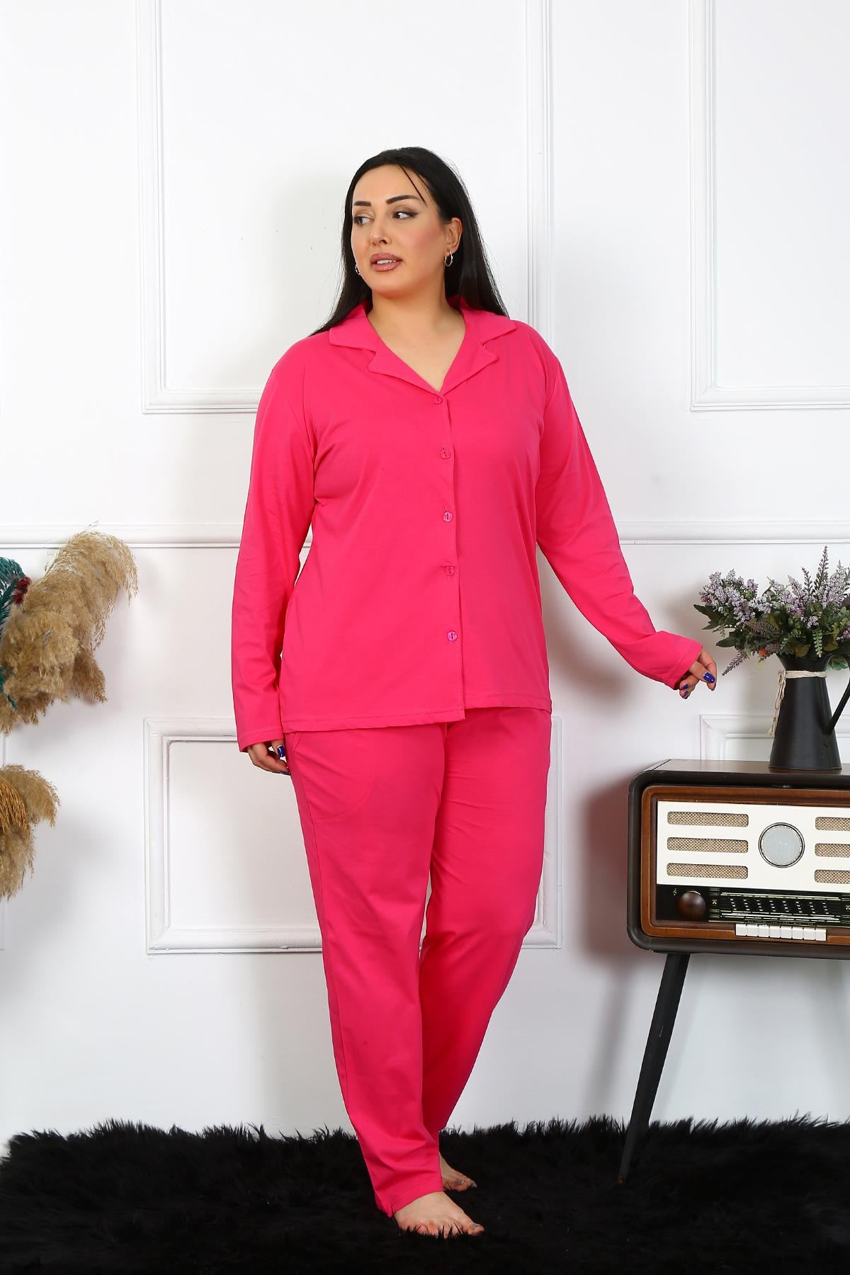 Akbeniz Kadın Büyük Beden Pamuklu Cepli Düğmeli Fuşya Pijama Takım 202401