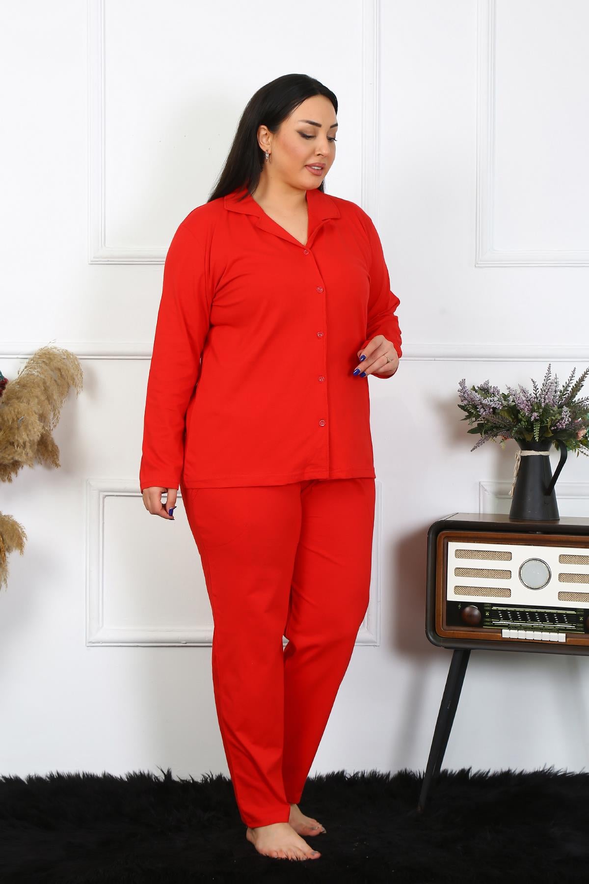 Akbeniz Kadın Büyük Beden Pamuklu Cepli Düğmeli Kırmızı Pijama Takım 202401