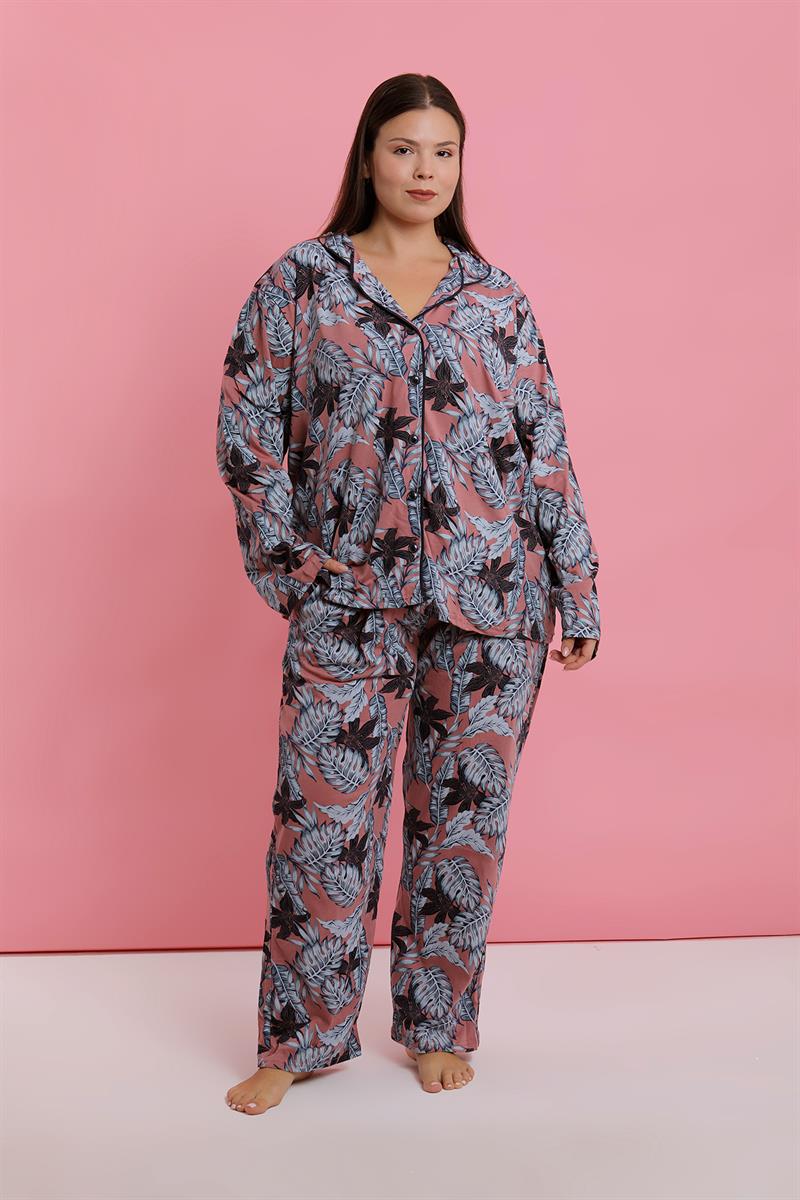 Akbeniz Kadın Büyük Beden Somon Yaprak Desenli Düğmeli Pijama Takımı