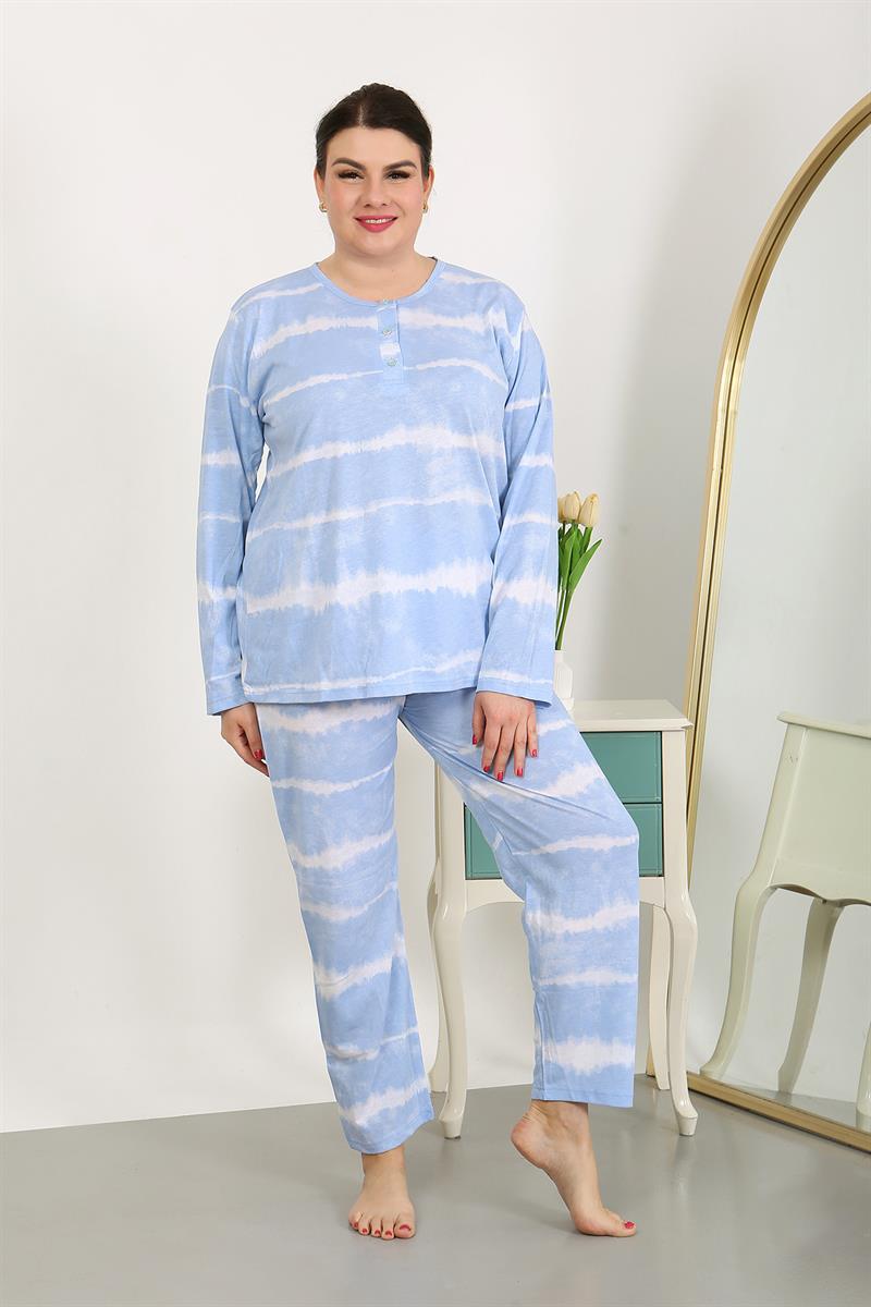 Akbeniz Kadın Büyük Beden Uzun Kol Penye Pijama Takımı Mavi 202502