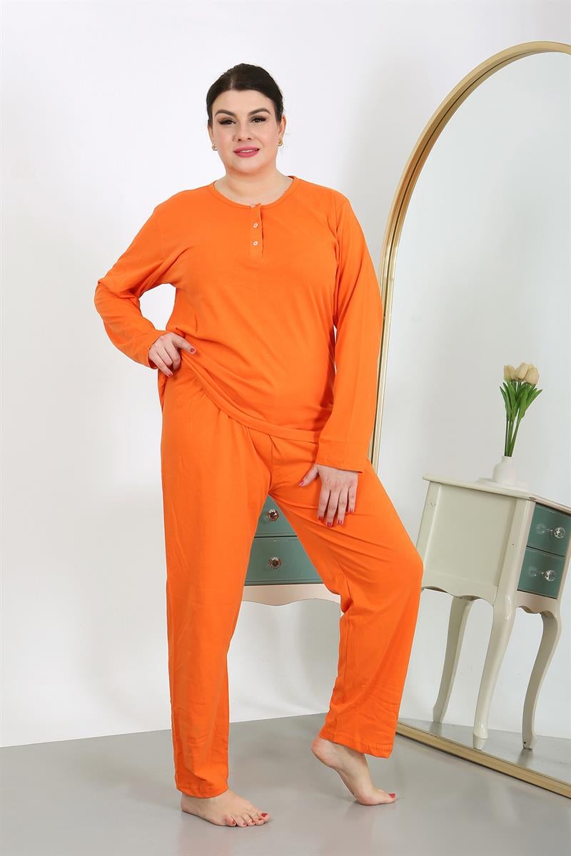 Akbeniz Kadın Büyük Beden Uzun Kol Penye Pijama Takımı Turuncu 202501