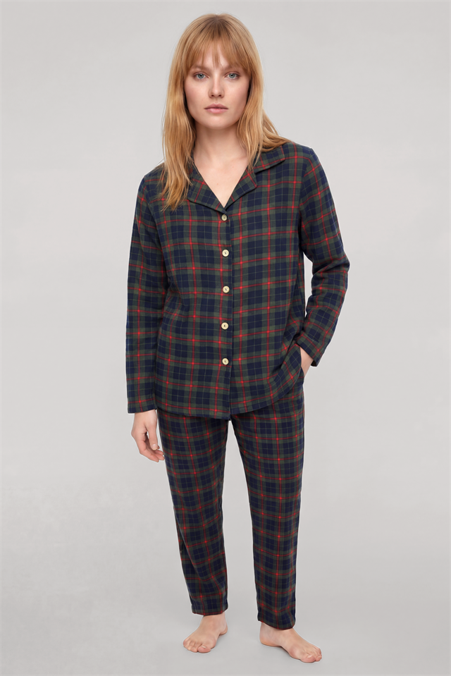 Akbeniz Kadın Ekose Desenli Düğmeli Pijama Takımı