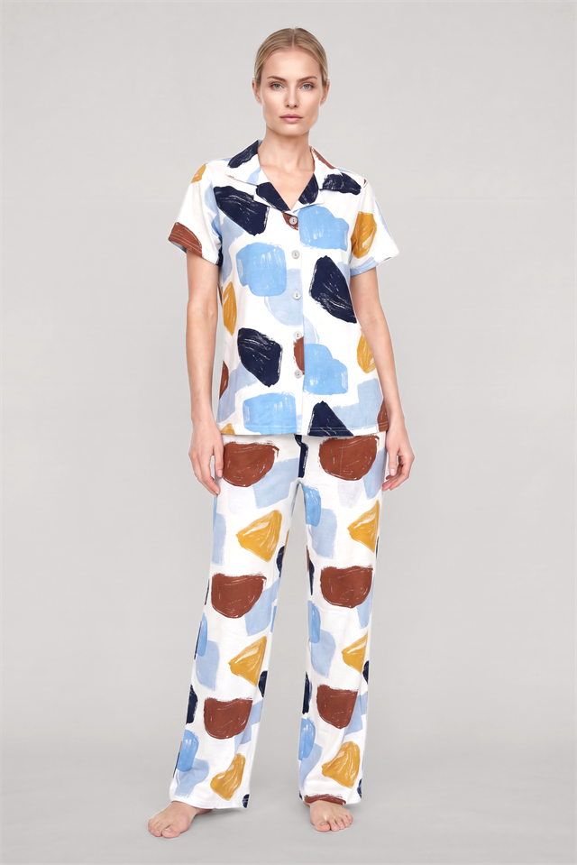 Akbeniz Kadın Ekru Desenli Klasik Gömlek Yaka Pijama Takımı