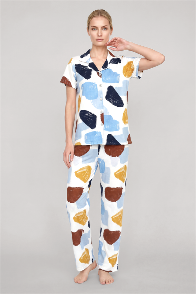 Akbeniz Kadın Ekru Desenli Klasik Gömlek Yaka Pijama Takımı