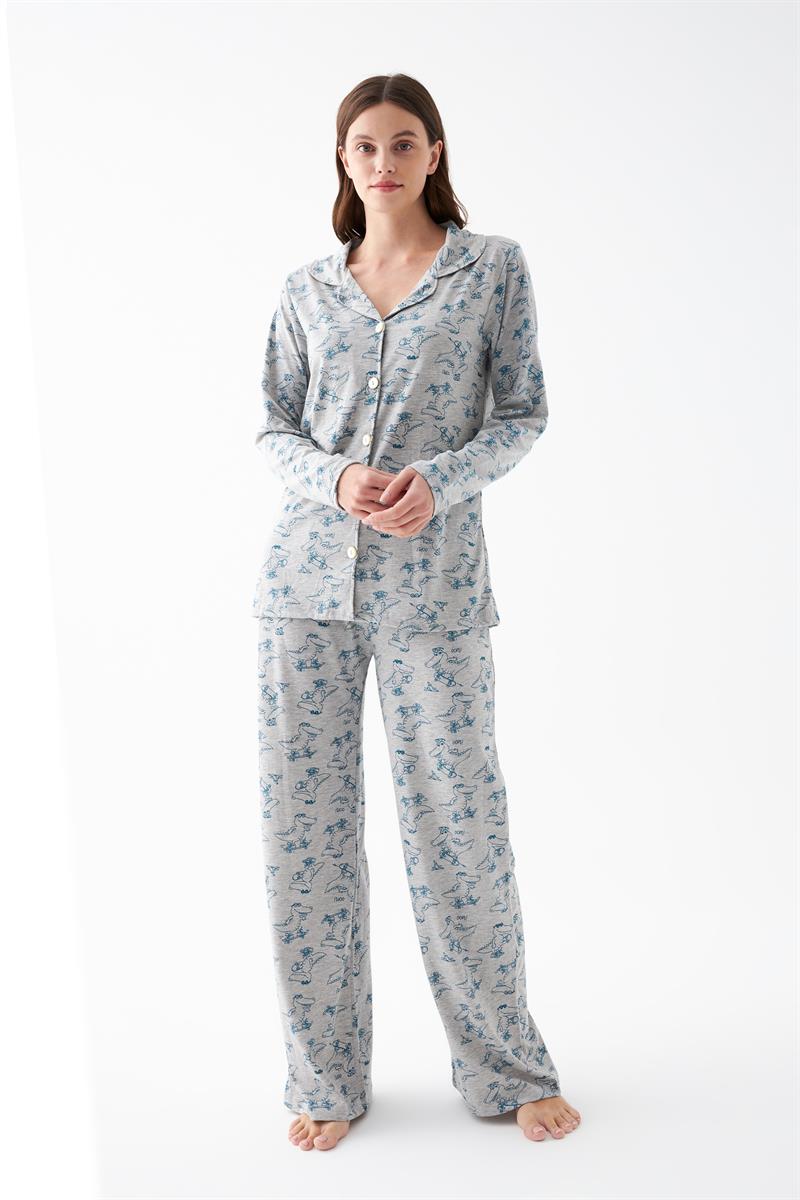Akbeniz Kadın Gri Desenli Düğmeli Pamuklu Pijama Takımı