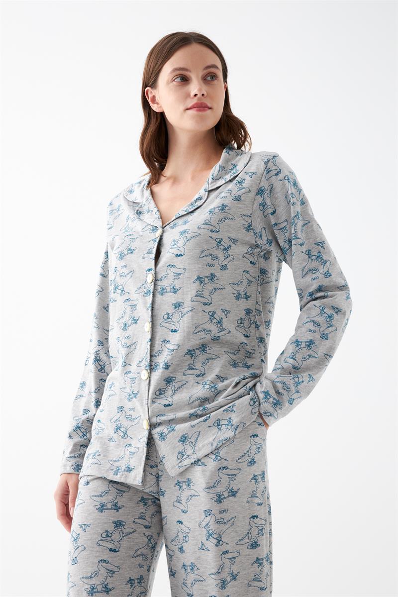 Akbeniz Kadın Gri Desenli Düğmeli Pamuklu Pijama Takımı