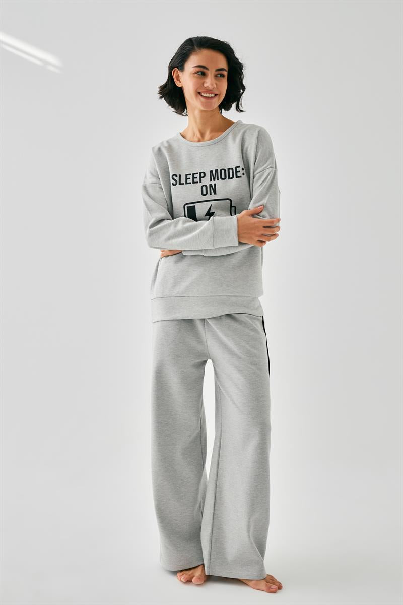 Akbeniz Kadın Gri Sleep Mode ON Oversize 2 İplik Eşofman Ev Giyim Takımı