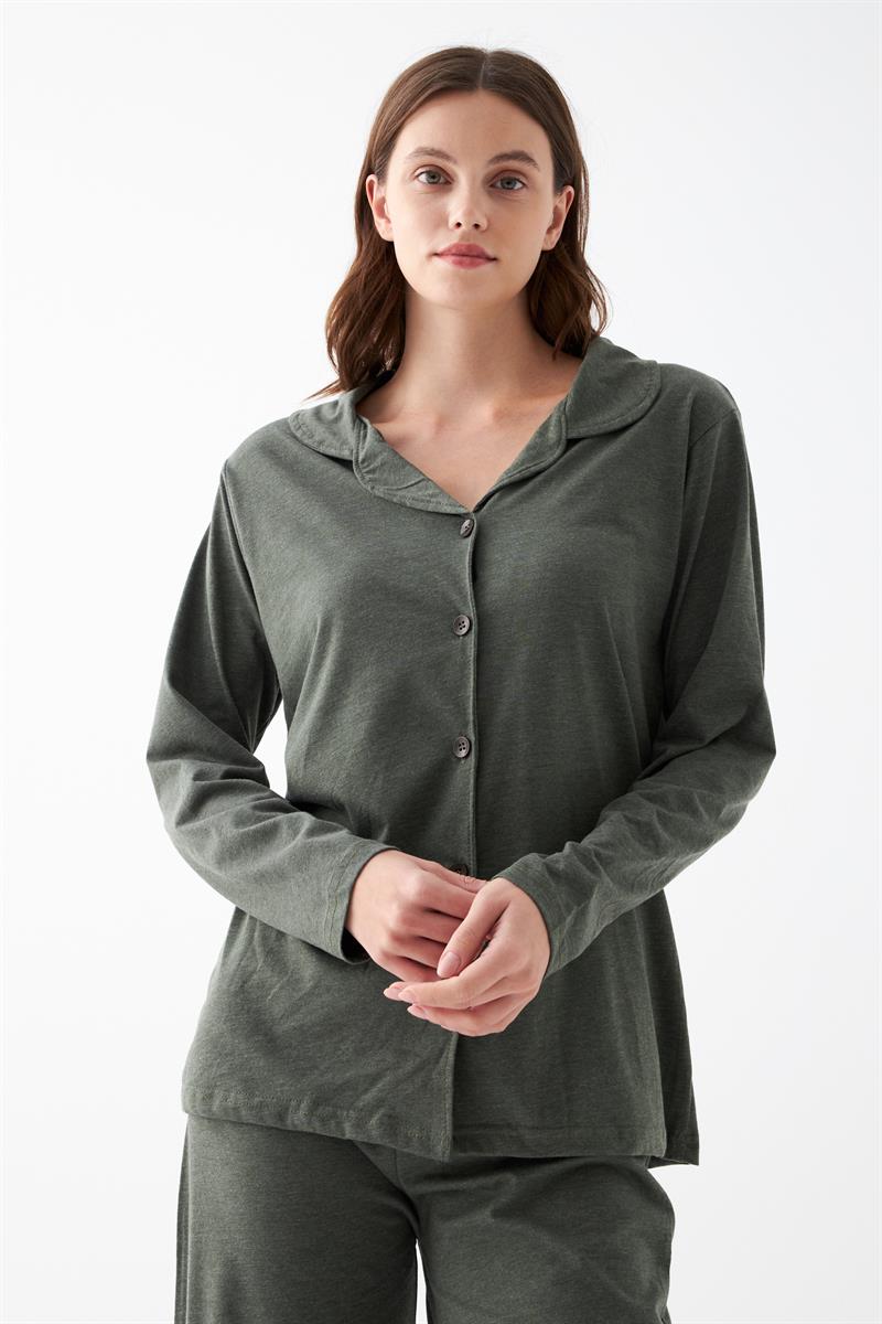 Akbeniz Kadın Haki Düğmeli Pamuklu Pijama Takımı