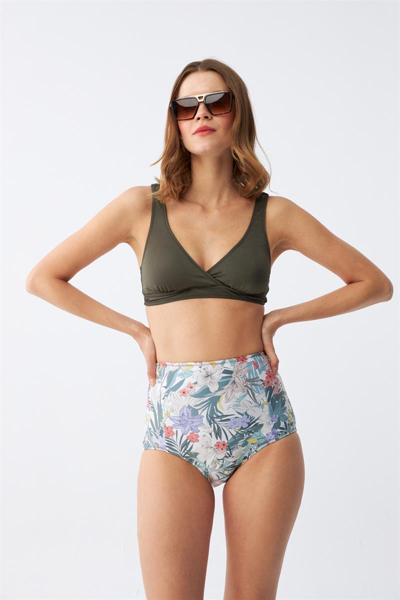Akbeniz Kadın Haki Pedli Üst ve Yüksek Bel Çiçek Desenli Bikini Takımı
