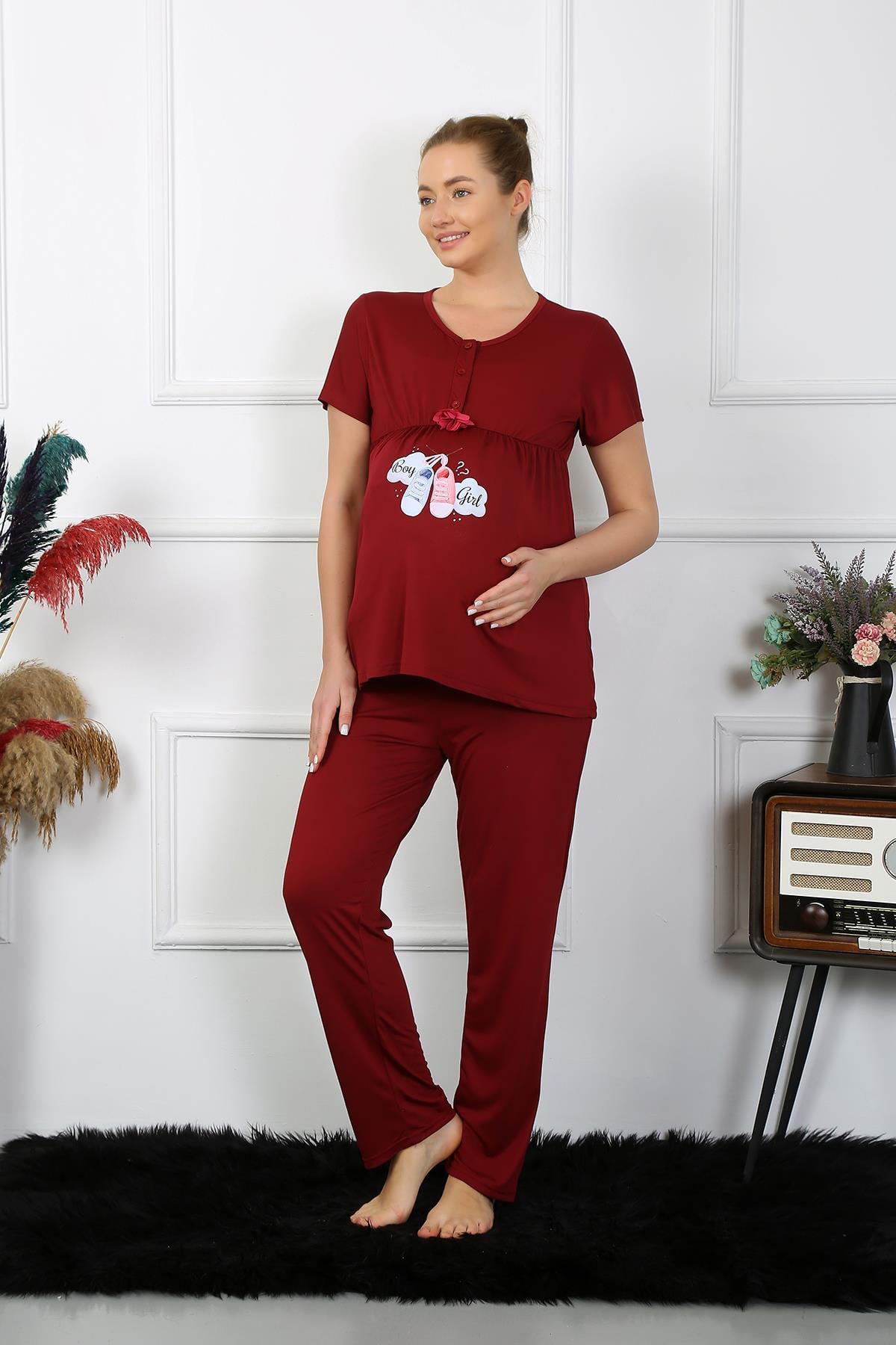 Akbeniz Kadın Kısa Kol Hamile Lohusa Pijama Takımı Bordo 45210
