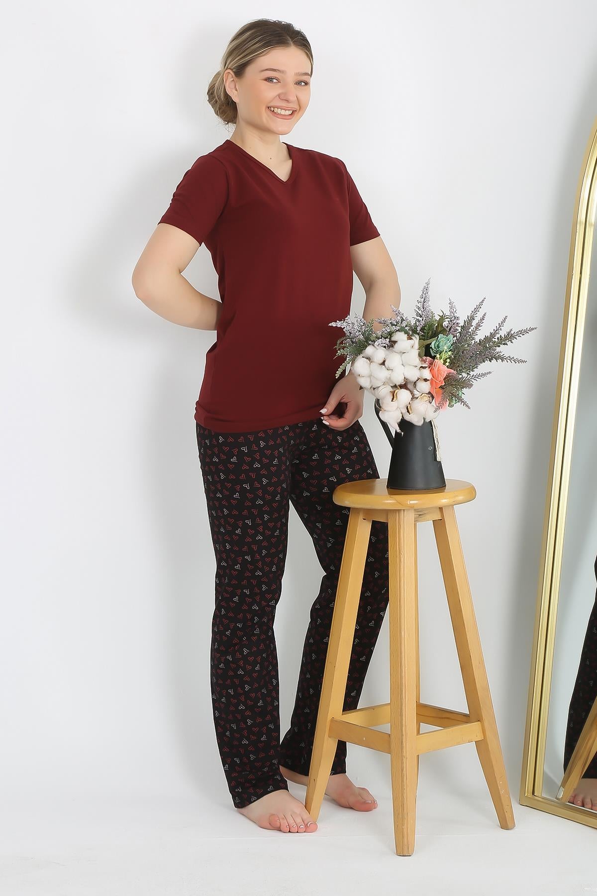 Akbeniz Kadın Kısa Kol Pamuk Penye Pijama Takım Bordo 4214