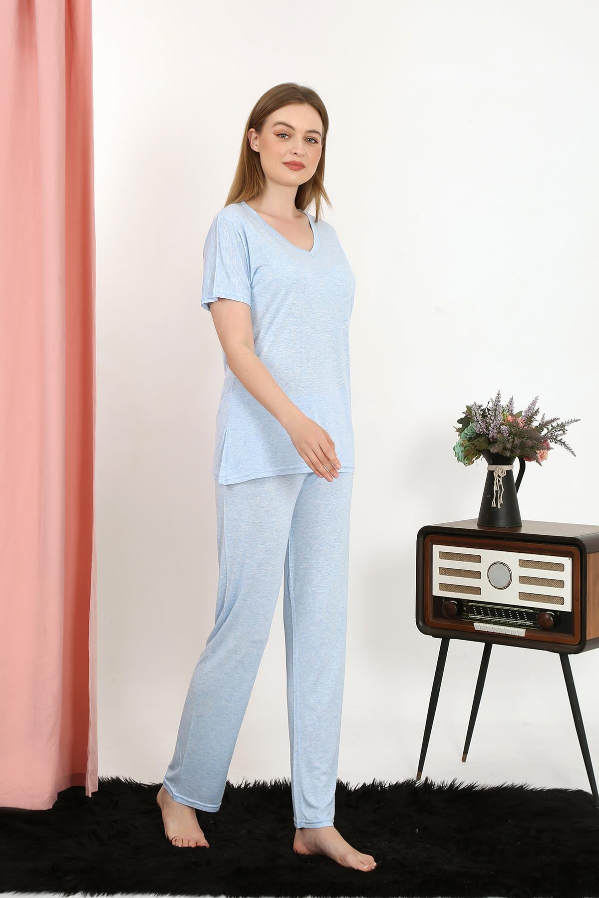 Akbeniz Kadın Kısa Kol Pamuk Penye Pijama Takım Mavi 4213