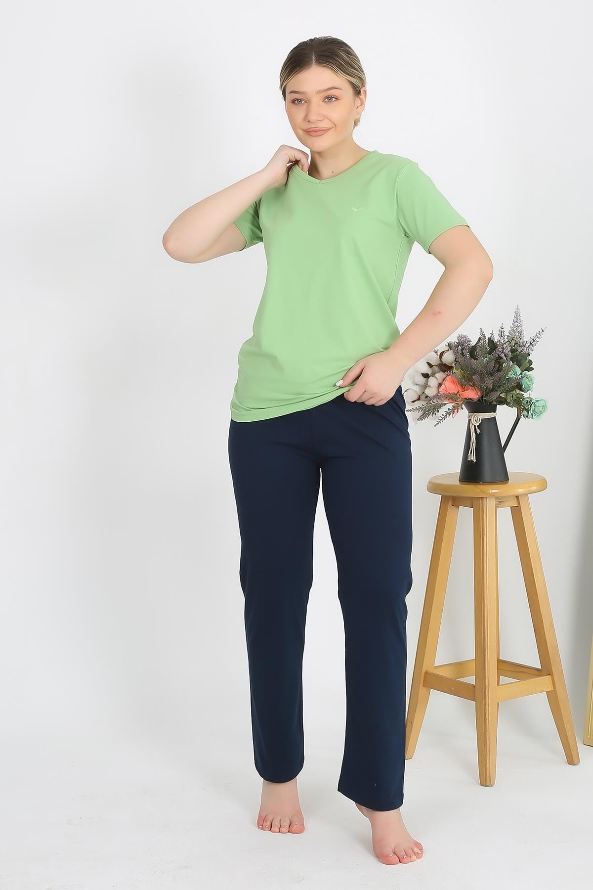 Akbeniz Kadın Kısa Kol Pamuk Penye Pijama Takım Fıstık Yeşili 4215