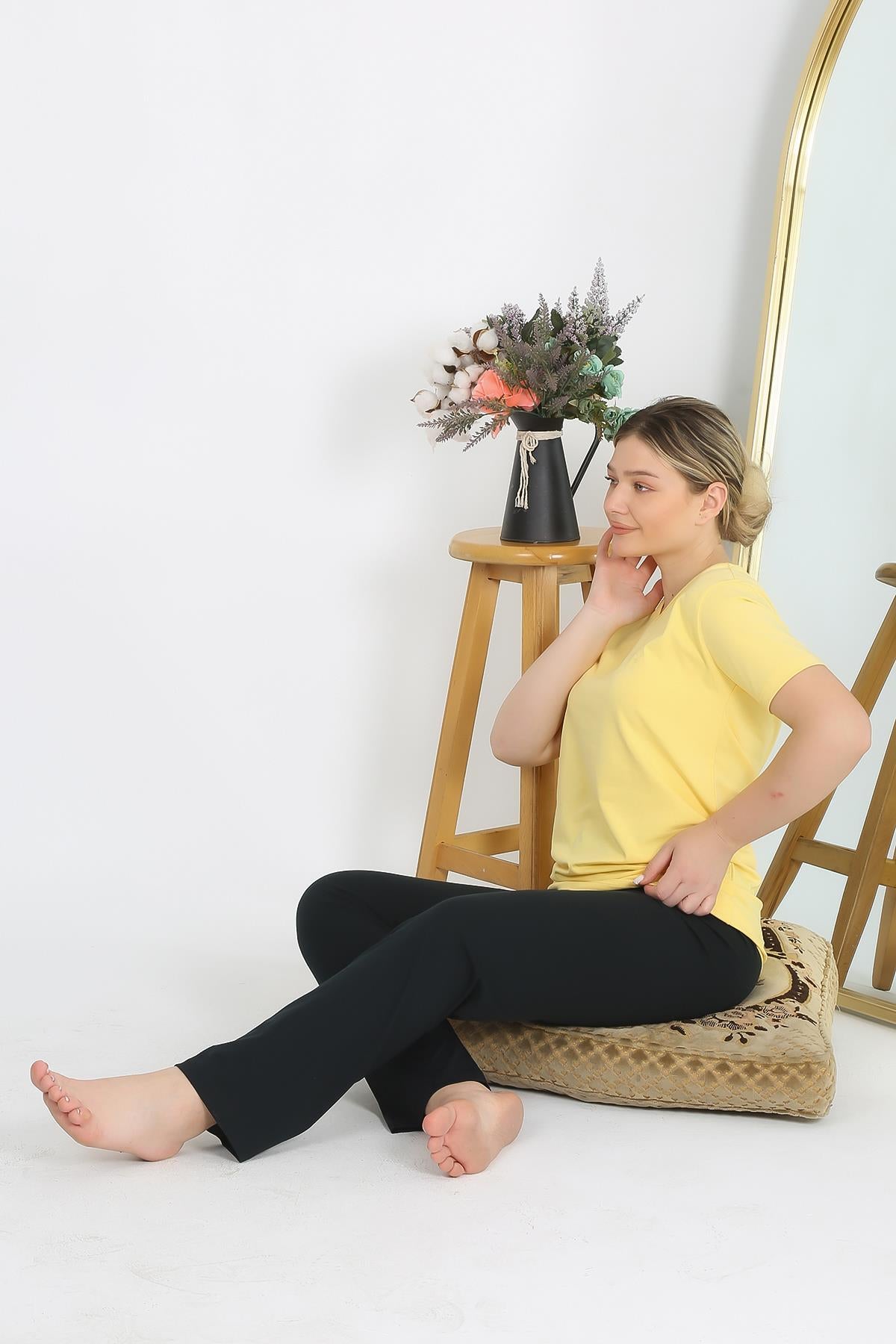 Akbeniz Kadın Kısa Kol Pamuk Penye Pijama Takım Sarı 4215