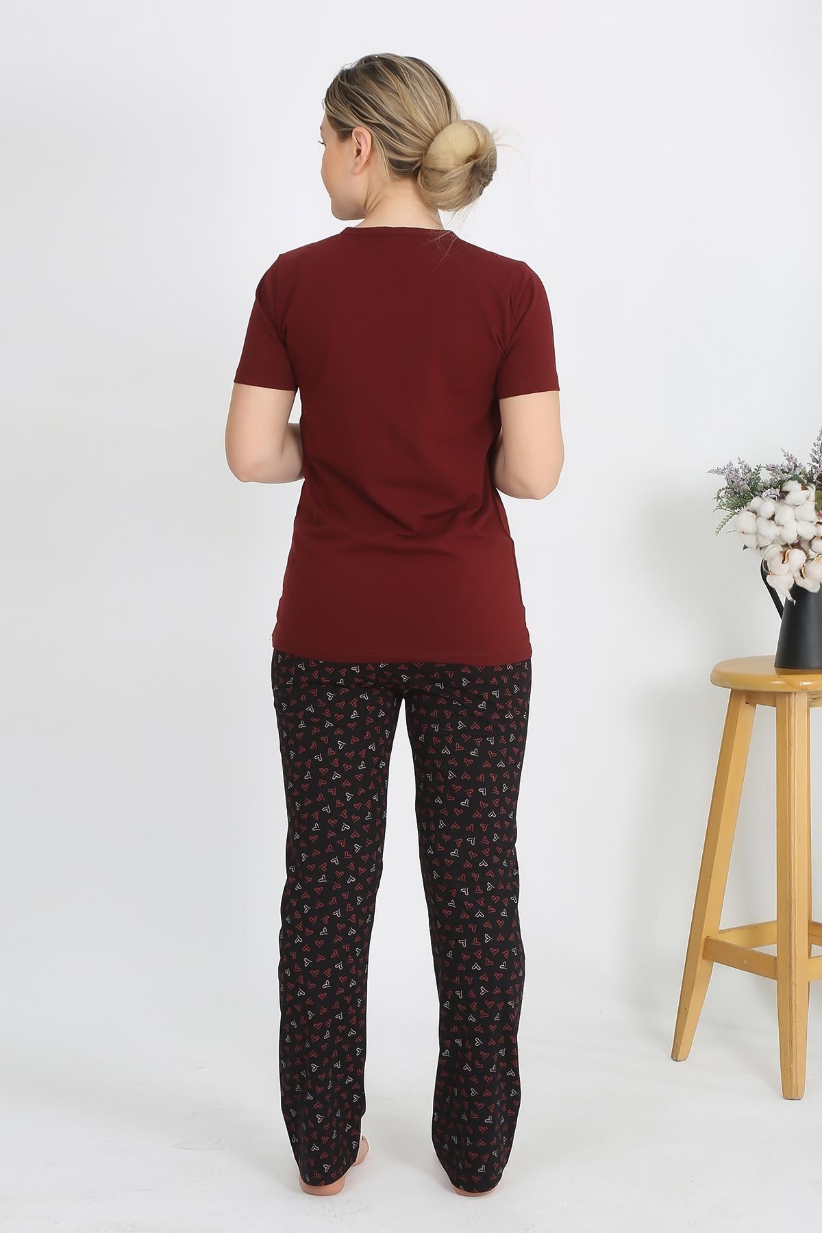 Akbeniz Kadın Kısa Kol Pamuk Penye Pijama Takım Bordo 4214