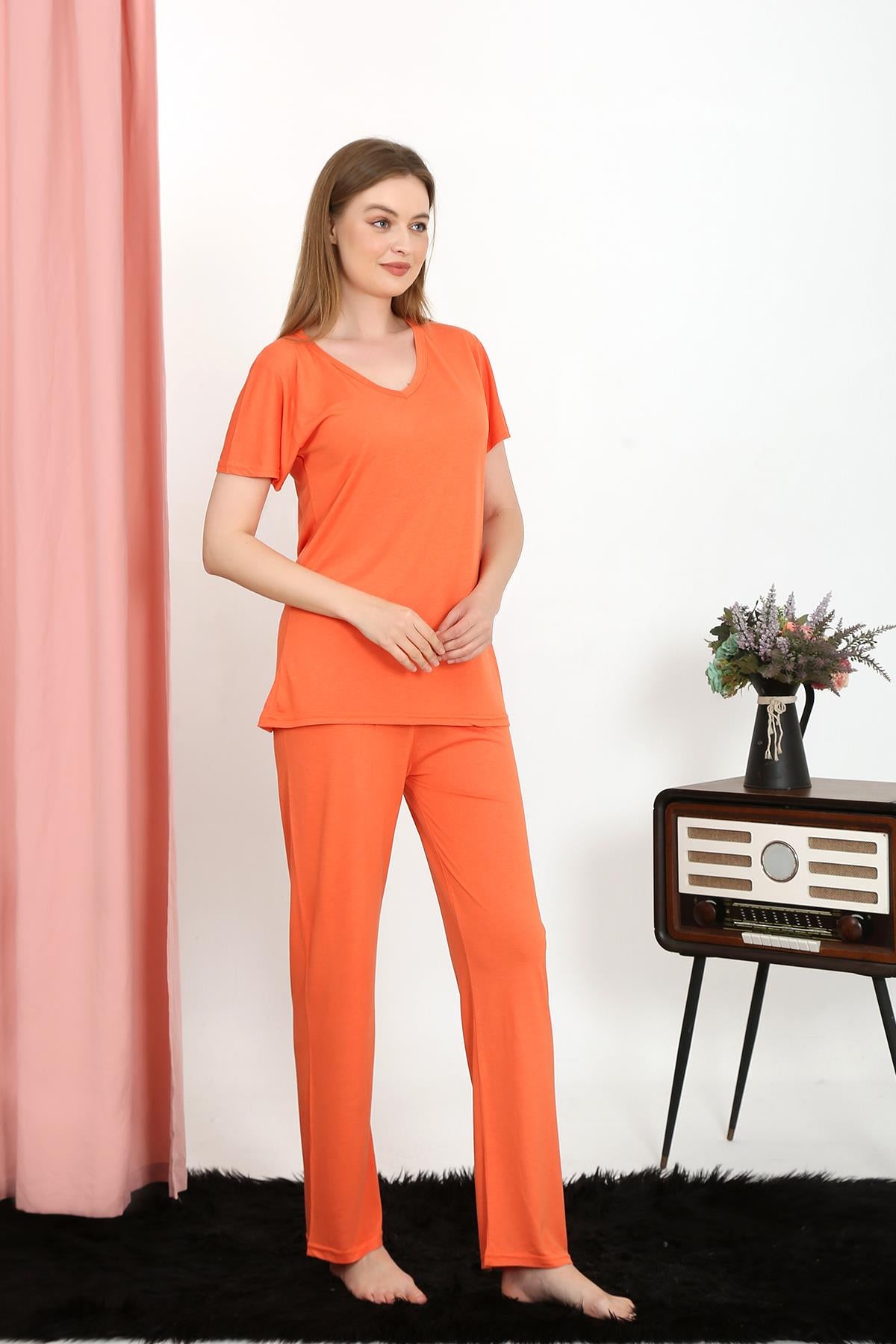 Akbeniz Kadın Kısa Kol Pamuk Penye Pijama Takım Turuncu 4213